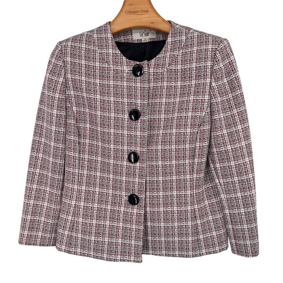 Le Suit Womens Plaid Button-Front Jacket Size 12 black red White Tweed career - Picture 1 of 14